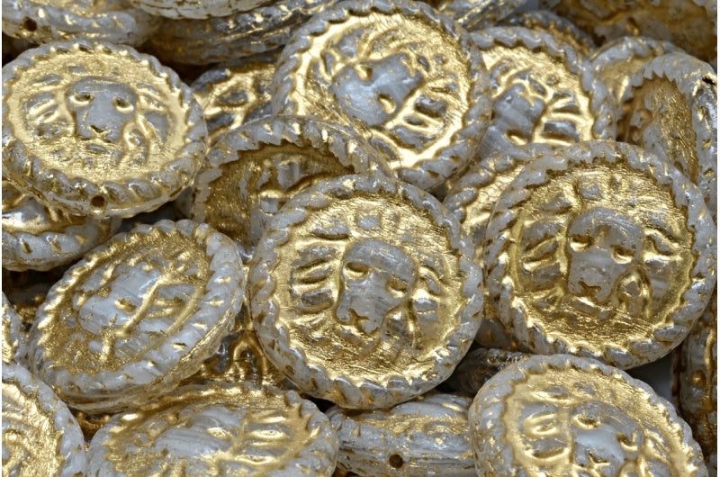 Lion Head Coin Beads, White Gold Lined (R0201-54302), Glass, Czech Republic
