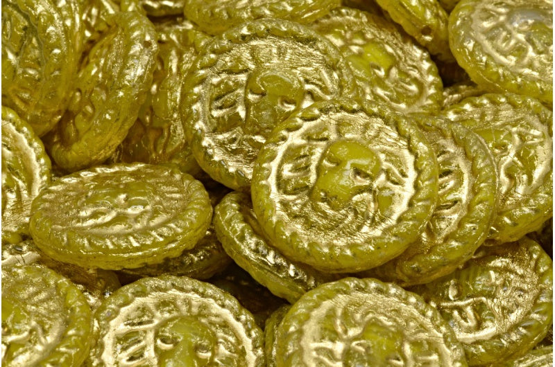 Lion Head Coin Beads, Yellow Opal Mix Gold Lined (R0813-54302), Glass, Czech Republic