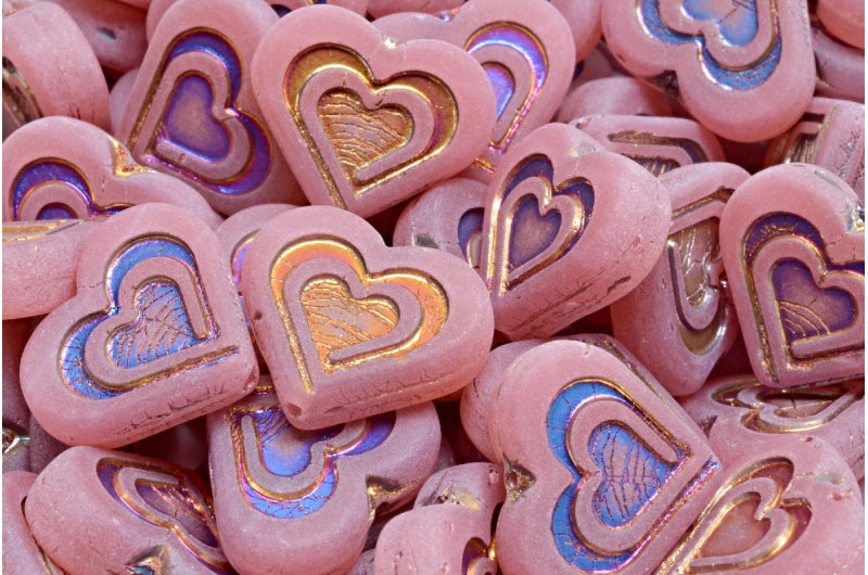 Heart In Heart Beads, Opal Pink Sliperit Full (2X Side) Matte (71010-29503-84100), Glass, Czech Republic
