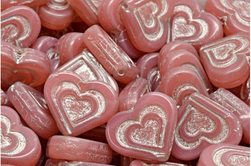 Heart In Heart Beads, Opal Pink Silver Lined (71010-54301), Glass, Czech Republic