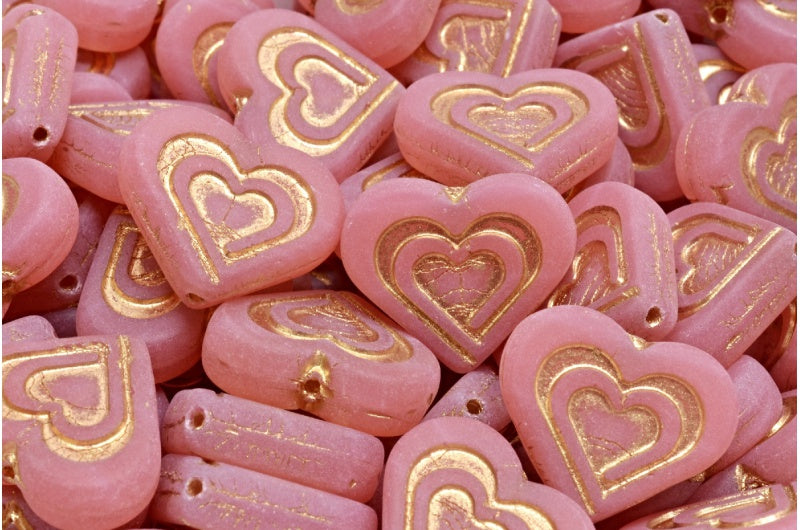 OUTLET 10 grams Heart In Heart Beads, 14 x 16 mm, Opal Pink Gold Lined Matte (71010-54302-84100), Glass, Czech Republic