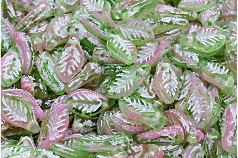 月桂叶珠,透明绿色不透明粉白色内衬(50520-76018-54312),玻璃,捷克共和国