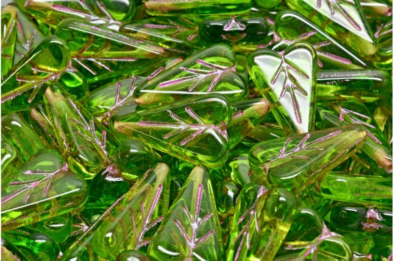 Heart Leaf Bead, Transparent Green Pink Lined (50400-54321), Glass, Czech Republic