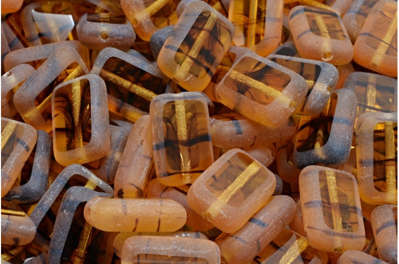 Table Cut Rectangle Beads, Orange With Brown Lines Matte (18016-84100), Glass, Czech Republic