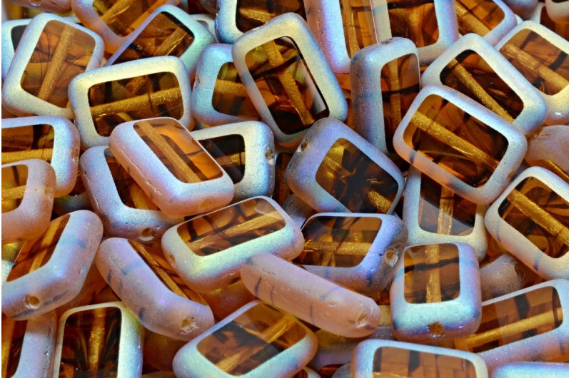 Table Cut Rectangle Beads, Orange With Brown Lines Matte Ab Full (2X Side) (18016-84100-28703), Glass, Czech Republic