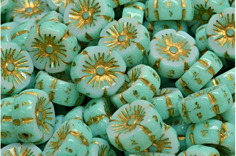 Table Cut Hawaii Flower Beads, White Light Turquoise Gold Lined (02010-34309-54302), Glass, Czech Republic