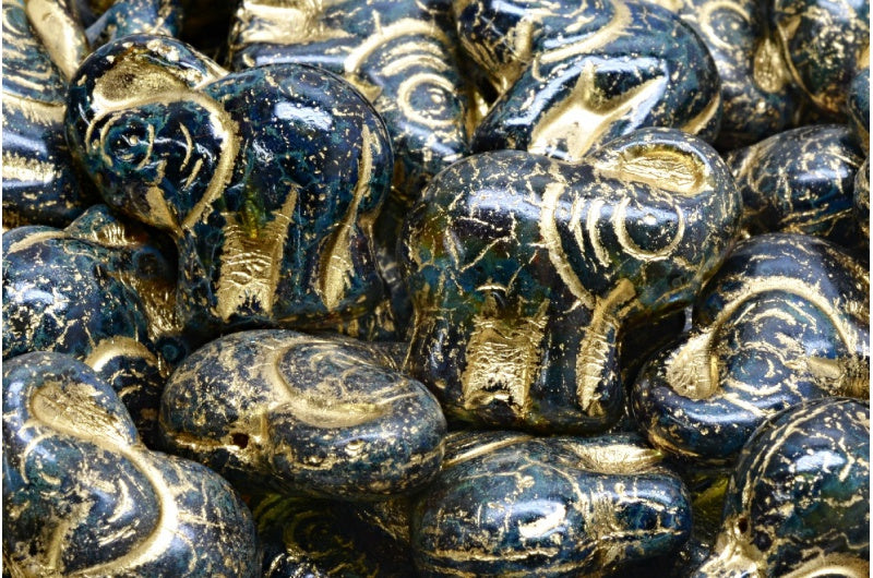 Elephant Beads, Blue Green Uranium Travertin Gold Lined (87311-86800-54302), Glass, Czech Republic