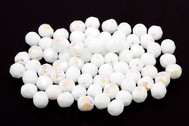 多面圆形火抛光珠,粉笔白色 Ab (03000-28701),玻璃,捷克共和国