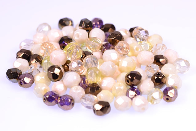 Fire Polished Faceted Beads Round 6 mm, Mixed Colors Cream (), Bohemia Crystal Glass, Czechia 15119001