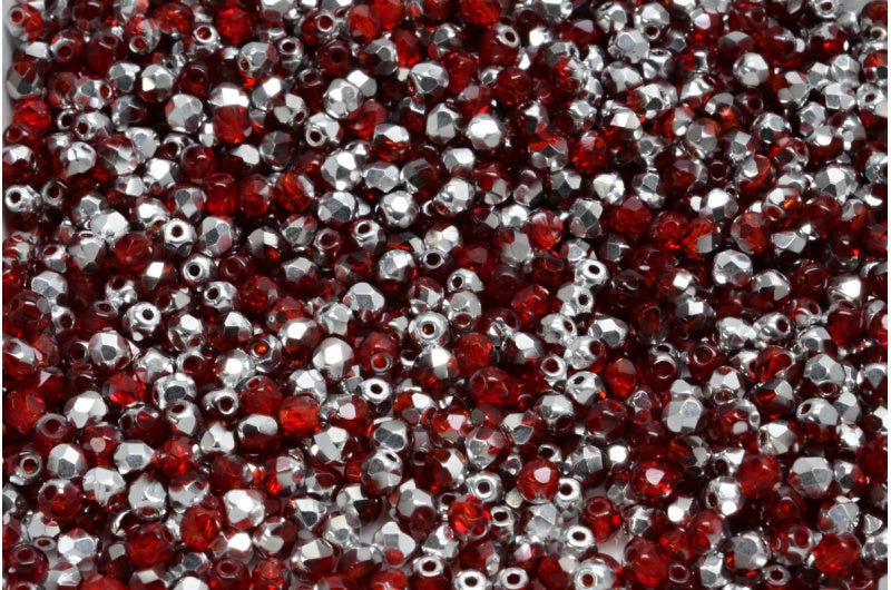 Faceted Round Fire Polished Beads, Ruby Red Crystal Silver Half Coating (90080-27001), Glass, Czech Republic