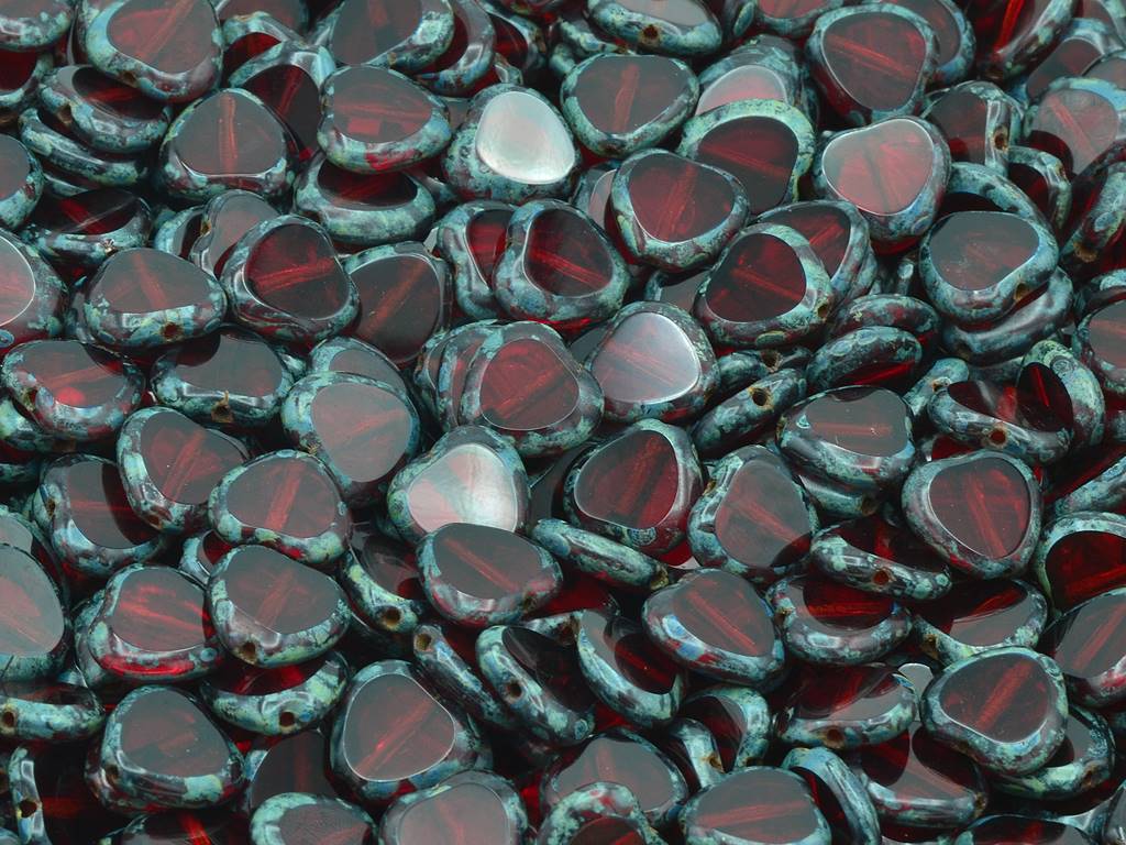 テーブルカットハートビーズ、ルビーレッドトラバーチン(90080-86800)、ガラス、チェコ共和国