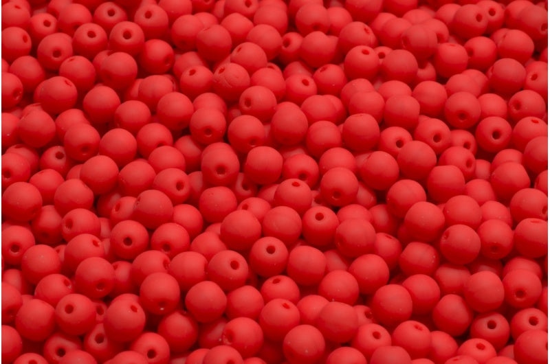 Round Druck Beads, Opaque Red Matte (93200-84100), Glass, Czech Republic