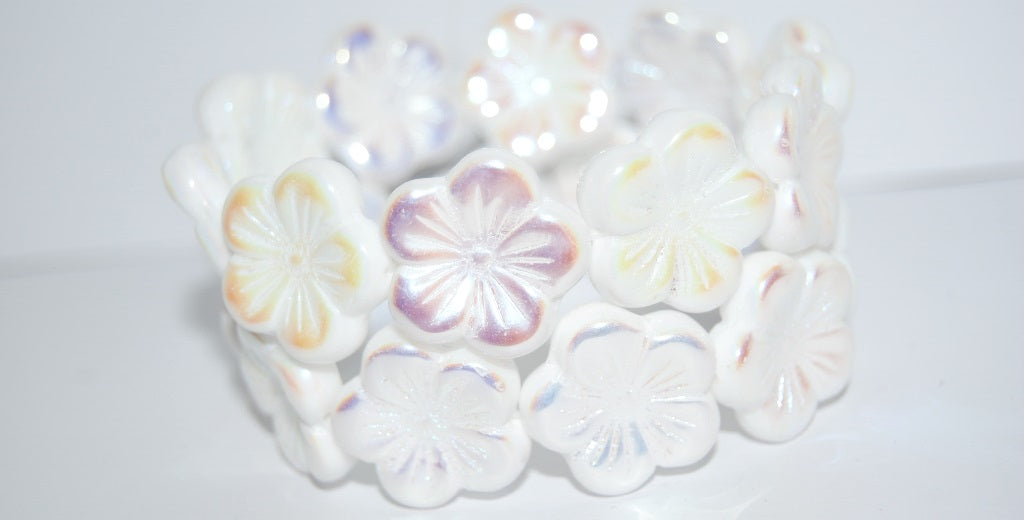 Round Flower Hibiskus Pressed Glass Beads, Chalk White Ab2Xside (21-03000-AB2XSIDE), Glass, Czech Republic ~ STRANDED