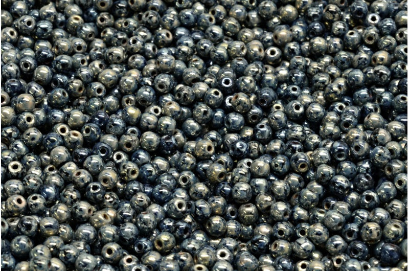 ラウンドドラックビーズ、ブラックピカソ(23980-43400)、ガラス、チェコ共和国