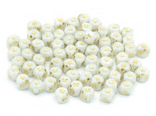 アウトレット 10グラム プレスビーズ、7 x 7 mm、チョークホワイトゴールドライン(03000-54202)、ガラス、チェコ共和国