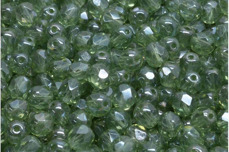 アウトレット 10グラム ファセットラウンドファイアポリッシュビーズ、8 x 8 mm、クリスタルラスターグリーンフルコーティング(00030-14457)、ガラス、チェコ共和国