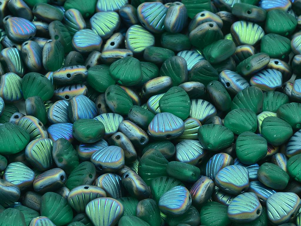 Small Flat Shell Beads, Transparent Green Emerald Matte Crystal Vitrail Medium Coating (50710-84110-28101), Glass, Czech Republic
