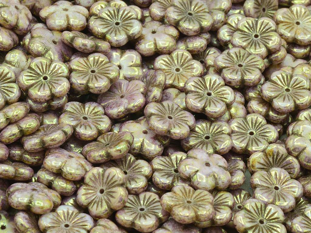 チェリーフラワービーズ、チョークホワイトセネガルバイオレット(03000-15695)、ガラス、チェコ共和国