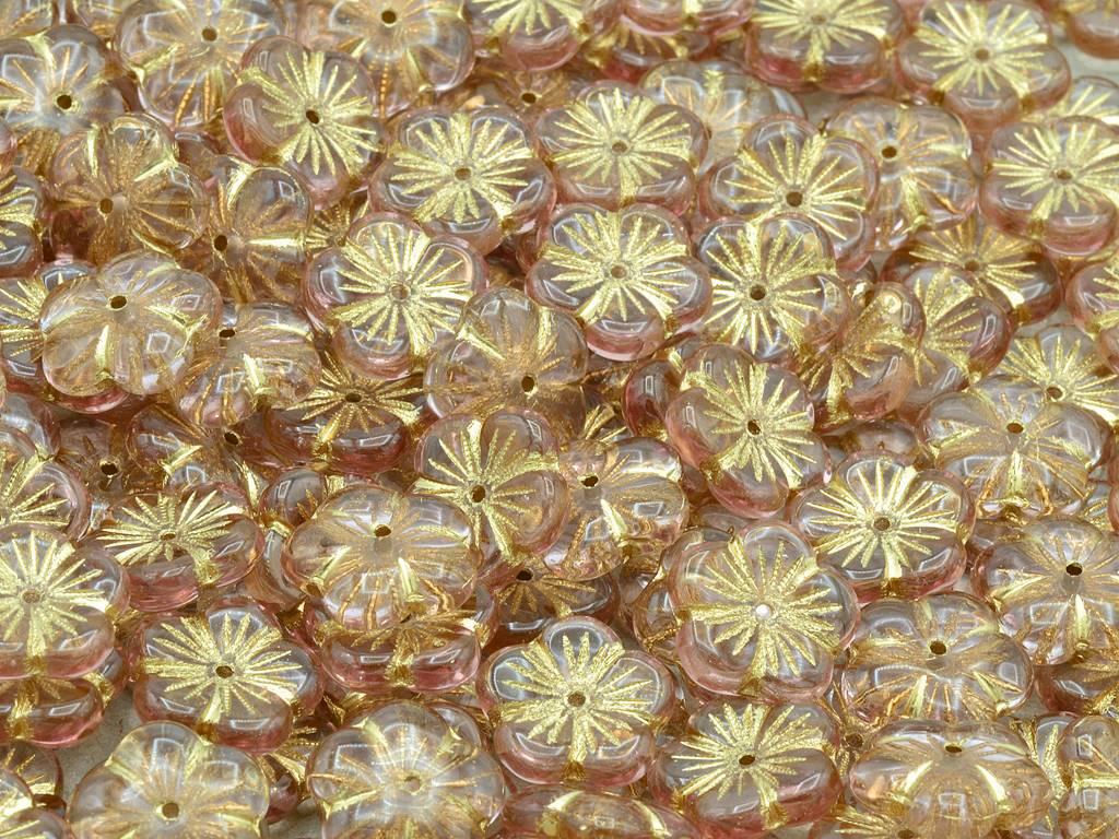 Cherry Flower Beads, Transparent Pink Gold Lined (70110-54202), Glass, Czech Republic