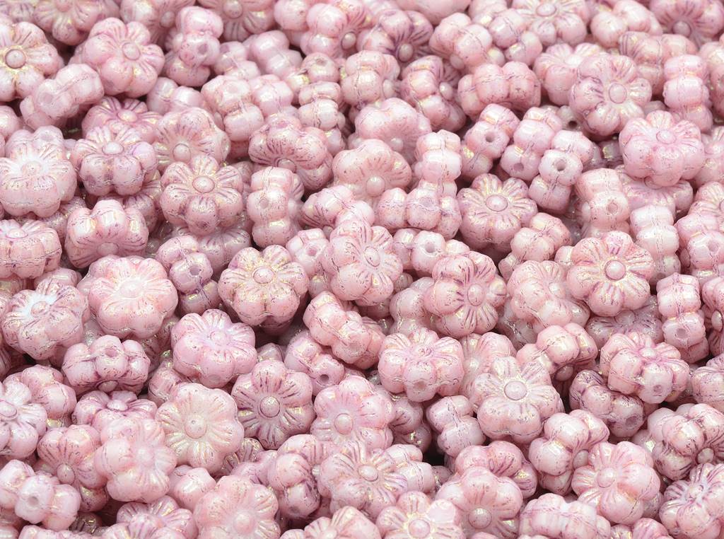 花形珠子,粉笔白光泽紫丁香色 (03000-14494),玻璃,捷克共和国