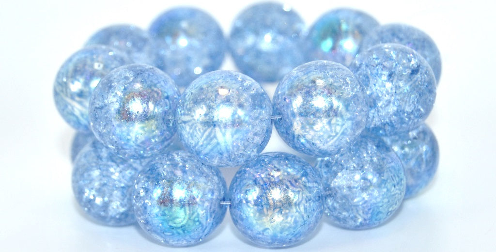 アウトレット 10g ラウンドドゥルックビーズ、16x16mm、クリスタルクラックライトブルーAB (00030-CRACK-34307-AB)、ガラス、チェコ共和国