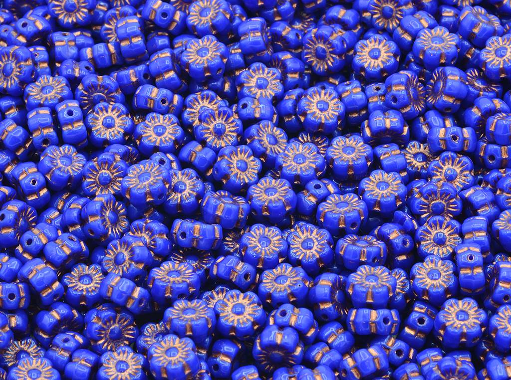 フラワービーズ、不透明ブルー銅線入り(33070-54307)、ガラス、チェコ共和国