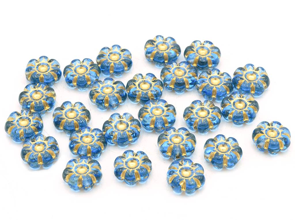 扁平花珠,透明蓝色金线(30040-54202),玻璃,捷克共和国