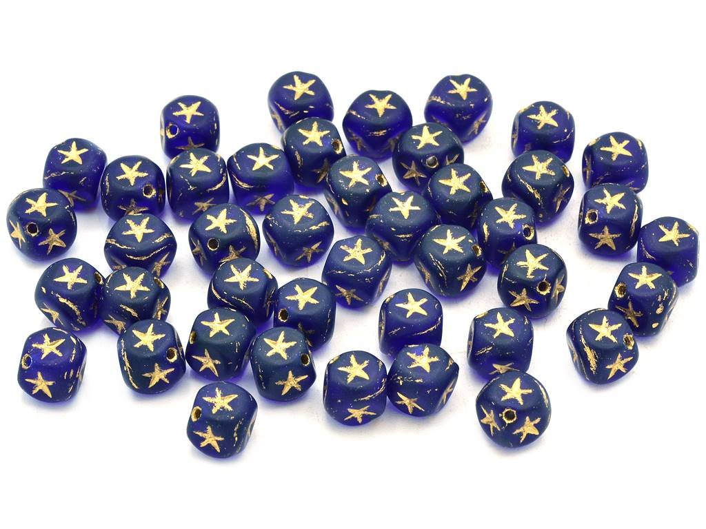 OUTLET 10 grams Cube Beads With Stars, 7 x 7 mm, Transparent Blue Matte Gold Lined (30090-84110-54202), Glass, Czech Republic
