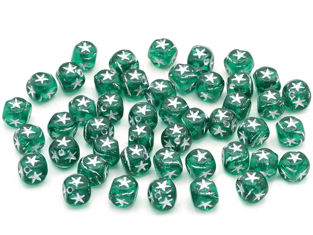 星付きキューブビーズ、透明グリーンエメラルド、シルバーライン(50720-54201)、ガラス、チェコ共和国