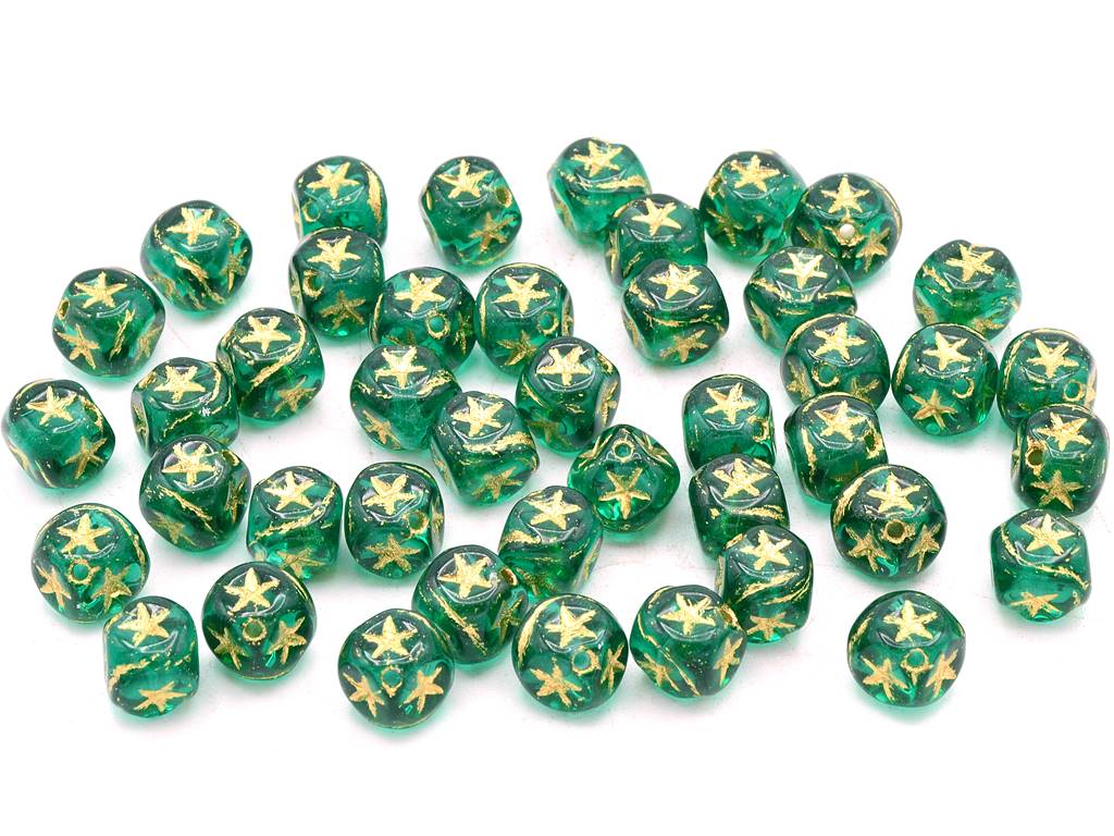 Cube Beads With Stars, Transparent Green Emerald Gold Lined (50720-54202), Glass, Czech Republic