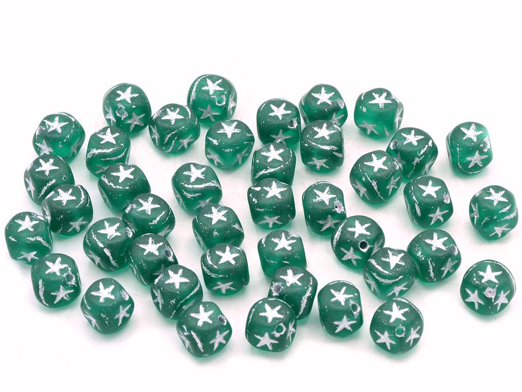 Cube Beads With Stars, Transparent Green Emerald Matte Silver Lined (50720-84110-54201), Glass, Czech Republic