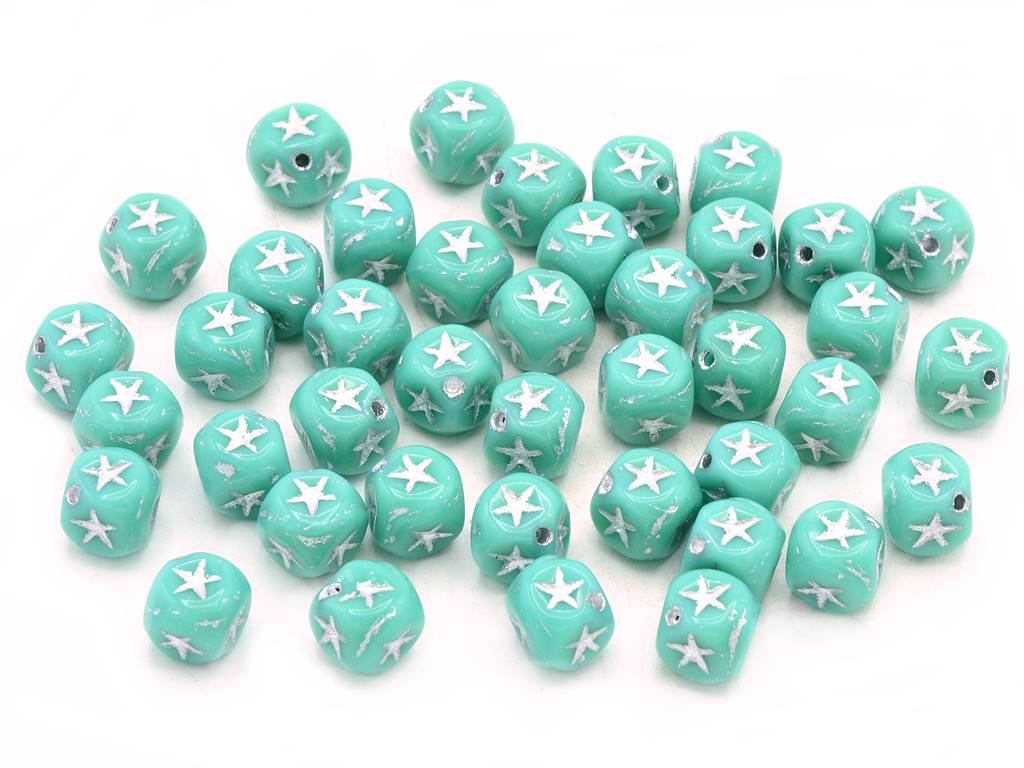 星付きキューブビーズ、ターコイズシルバーライン(63130-54201)、ガラス、チェコ共和国