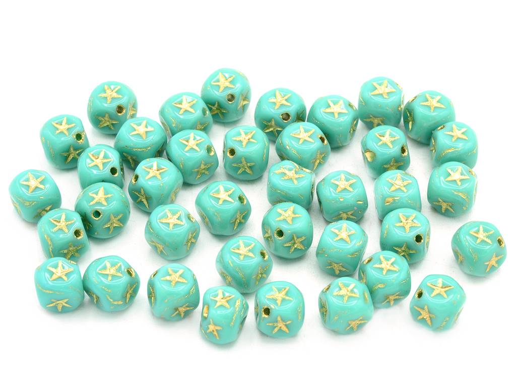Cube Beads With Stars, Turquoise Gold Lined (63130-54202), Glass, Czech Republic