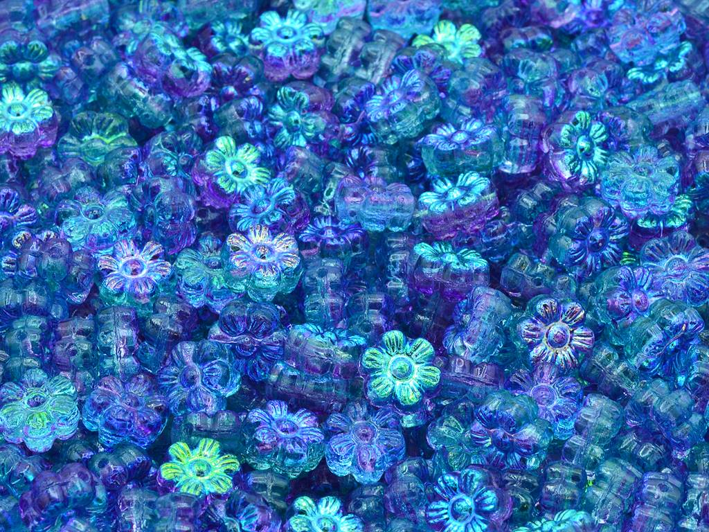 フラワービーズ、クリスタル光沢ブルーパープル(00030-48123)、ガラス、チェコ共和国