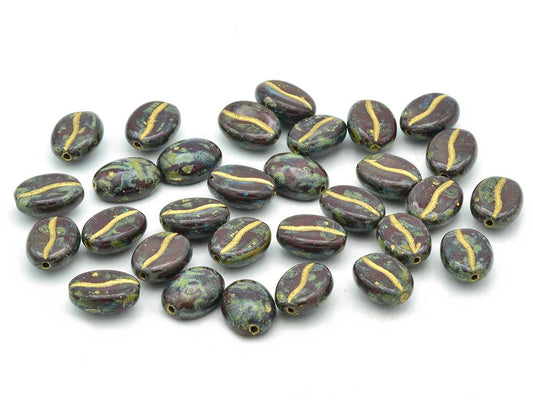 OUTLET 10 grams Coffee Bean Beads, 11 x 8 mm, Brown Travertin Gold Lined (13500-86800-54302), Glass, Czech Republic