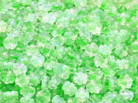アウトレット 10グラム フラワービーズ、8 x 8 mm、ミックスカラーグリーン(MIX-GREEN)、ガラス、チェコ共和国