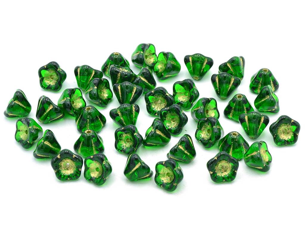 ベルフラワービーズ、透明グリーンゴールドライン(50140-54202)、ガラス、チェコ共和国