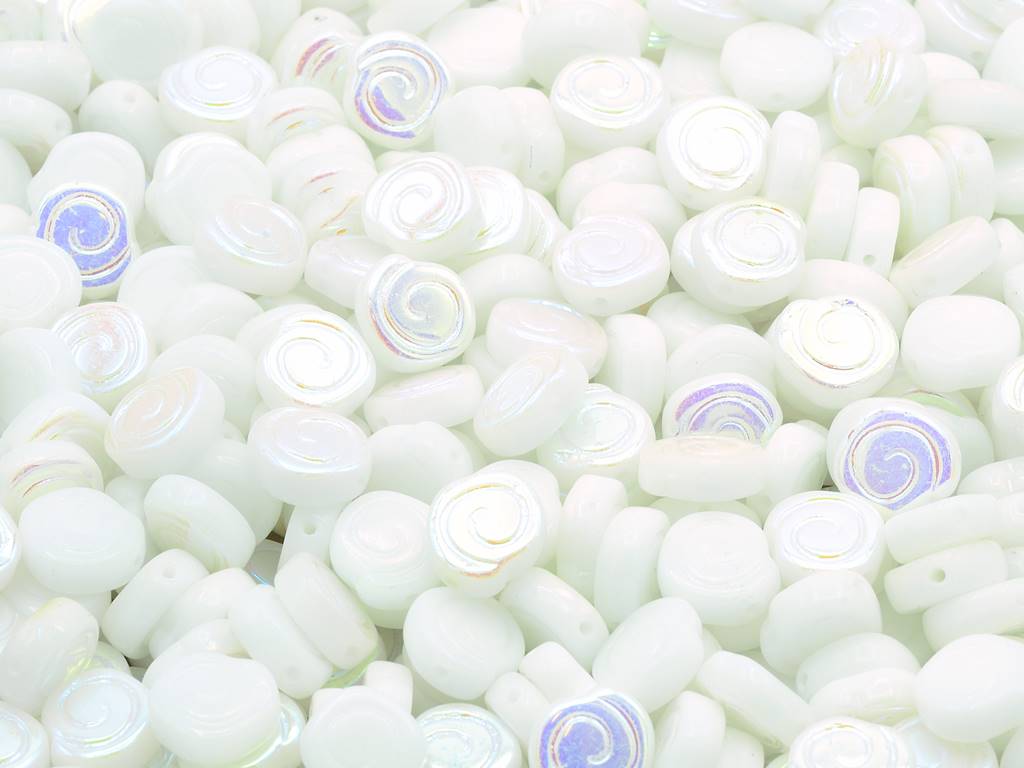 スパイラルスネイルプレスビーズ、チョークホワイトAb(03000-28701)、ガラス、チェコ共和国