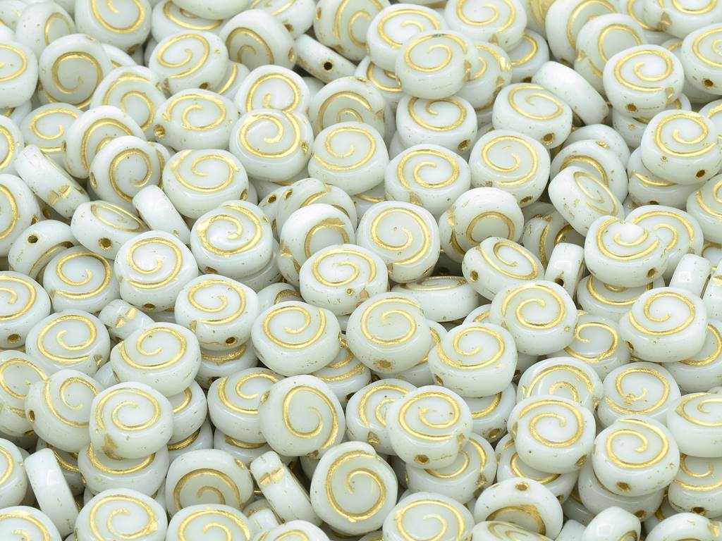スパイラルスネイルプレスビーズ、チョークホワイトゴールドライン(03000-54202)、ガラス、チェコ共和国