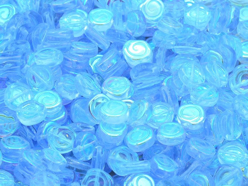 スパイラルスネイルプレスビーズ、透明ブルーAb(30010-28701)、ガラス、チェコ共和国