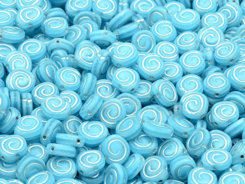 Spiral Snail Pressed Beads, Opal Aqua Silver Lined (61000-54201), Glass, Czech Republic