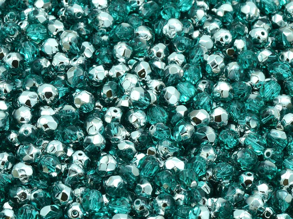 多面圆形火抛光珠,透明海蓝水晶银半涂层 (60200-27001),玻璃,捷克共和国