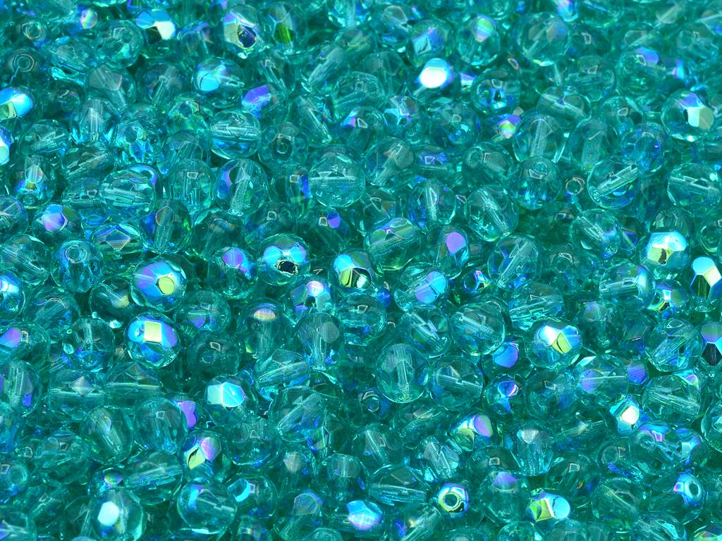 ファセットラウンドファイアポリッシュビーズ、透明アクアAB(60200-28701)、ガラス、チェコ共和国