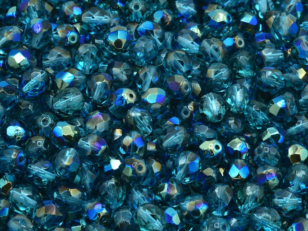 Faceted Round Fire Polished Beads, Transparent Aqua 22201 (60010-22201), Glass, Czech Republic
