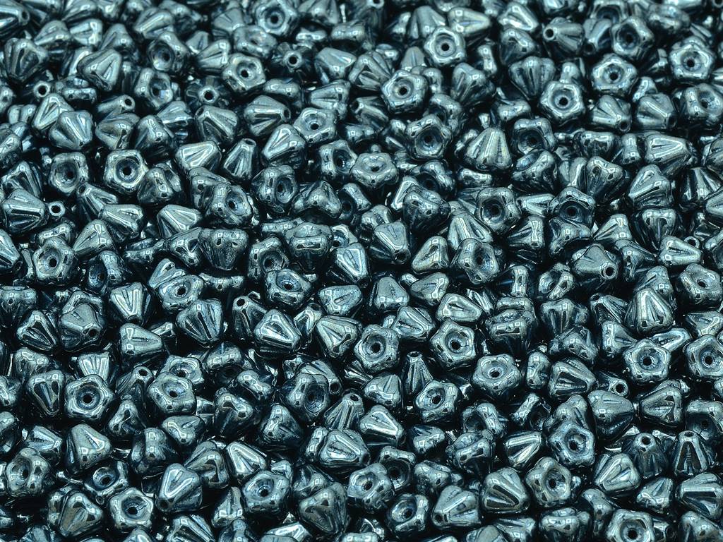 Bell Flower Beads, Black Hematite (23980-14400), Glass, Czech Republic
