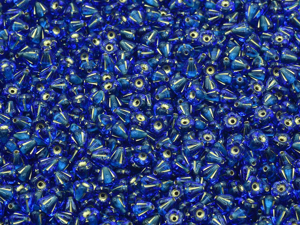 ベルフラワービーズ、透明ブルー、金線入り(30060-54202)、ガラス、チェコ共和国