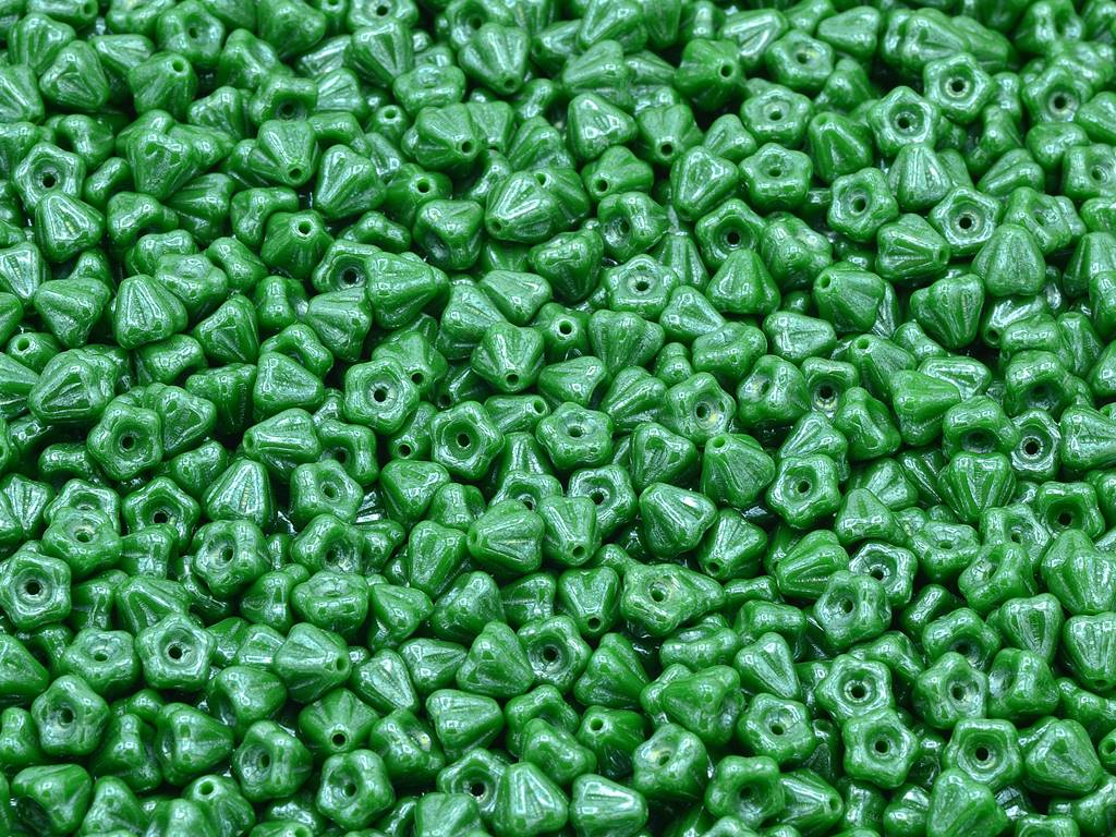 ベルフラワービーズ、不透明グリーンヘマタイト(53320-14400)、ガラス、チェコ共和国
