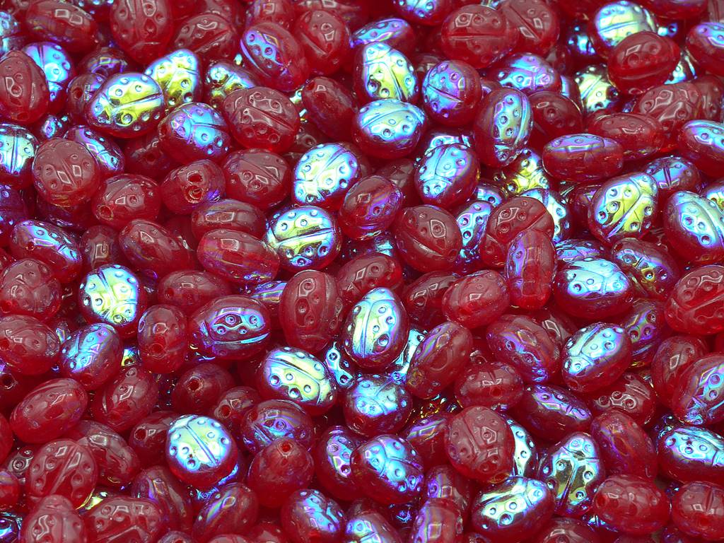 てんとう虫の昆虫型プレスビーズ、ルビーレッドAB(90080-28701)、ガラス、チェコ共和国