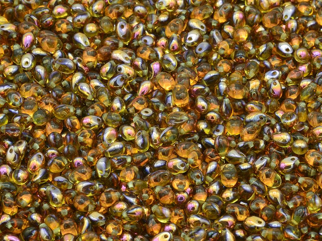 ドロップビーズ、透明オレンジクリスタルピンクイエローコーティング(10040-27137)、ガラス、チェコ共和国