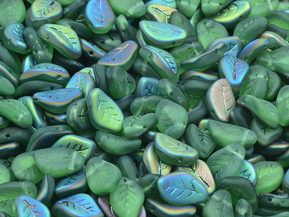 OUTLET 10 grams Wavy Leaf Beads, 9 x 14 mm, Transparent Green Matte Crystal Vitrail Medium Coating (50500-84110-28101), Glass, Czech Republic